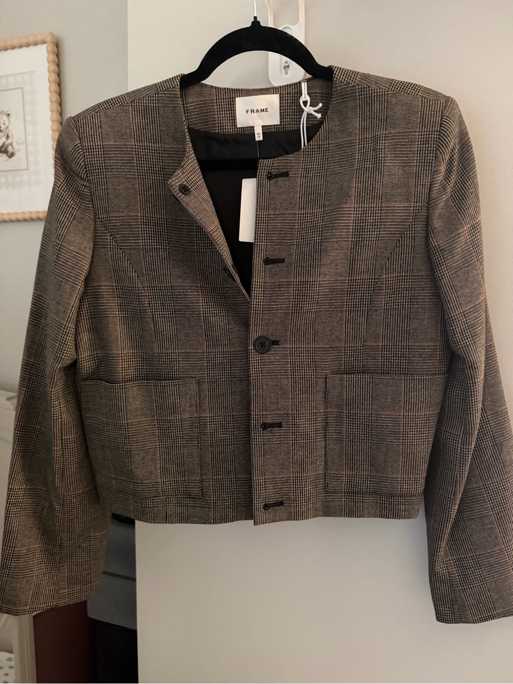 Frame Women's Plaid Cropped Collarless Jacket - Brown/Black